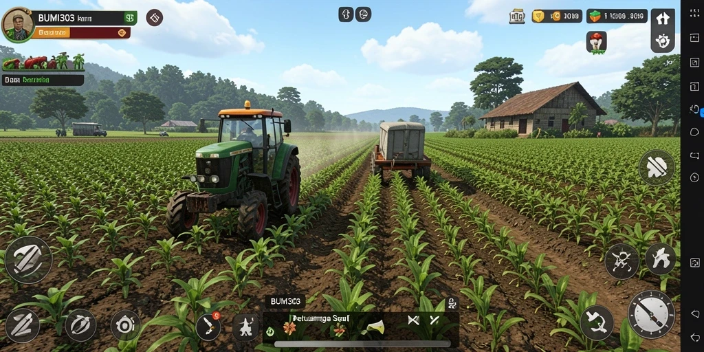Gameplay seru dalam BUMI303 yang menampilkan aktivitas pertanian.