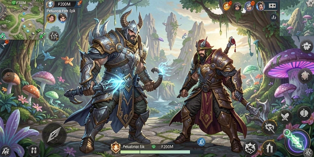 Screenshot F200M menampilkan aksi pertempuran seru dalam dunia RPG.