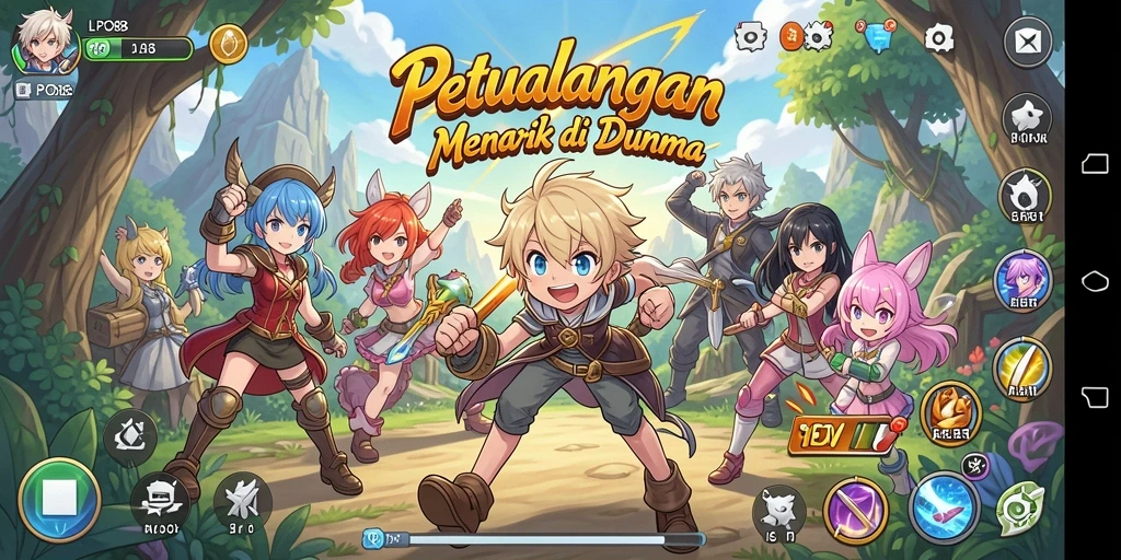 Screenshot menunjukkan karakter anime dalam suasana petualangan yang seru.