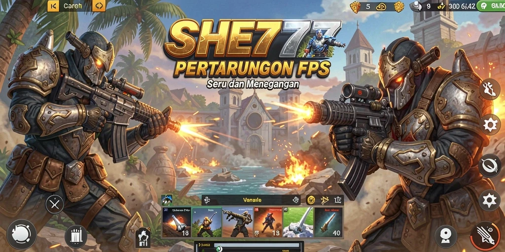 Screenshot gameplay SHE777 menunjukkan aksi tembak-menembak yang mendebarkan.