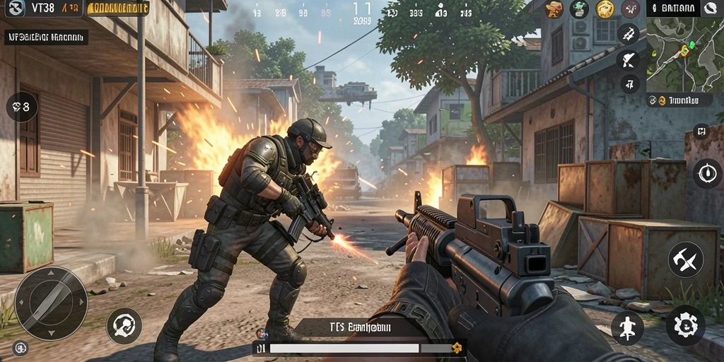 Tampilan gameplay VT38 dengan aksi tembak-menembak yang mendebarkan.